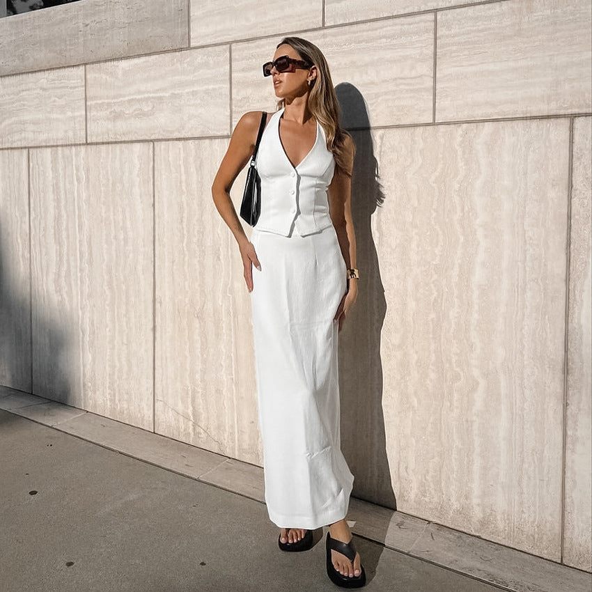 Women s Summer White Halter Sleeveless Vest and High Waisted Slim Fit Skirt Set ACC MODE