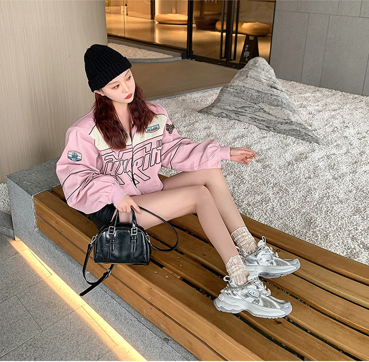 Lace Silver Chunky Sneakers for Women - 2024 New Fashion Pearl Mesh Lace-Up Turbine Casual Shoes