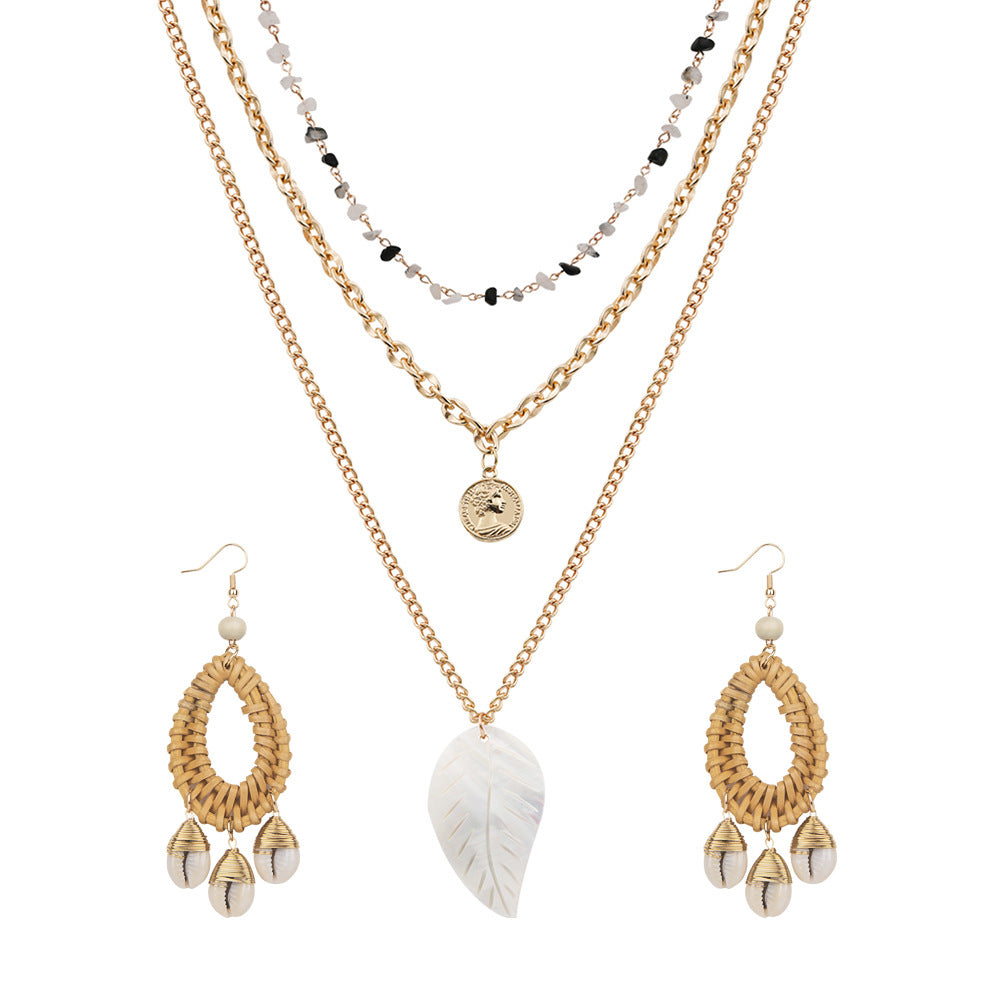 Rattan Shell Drop Earrings and Seashell Layered Necklace Set