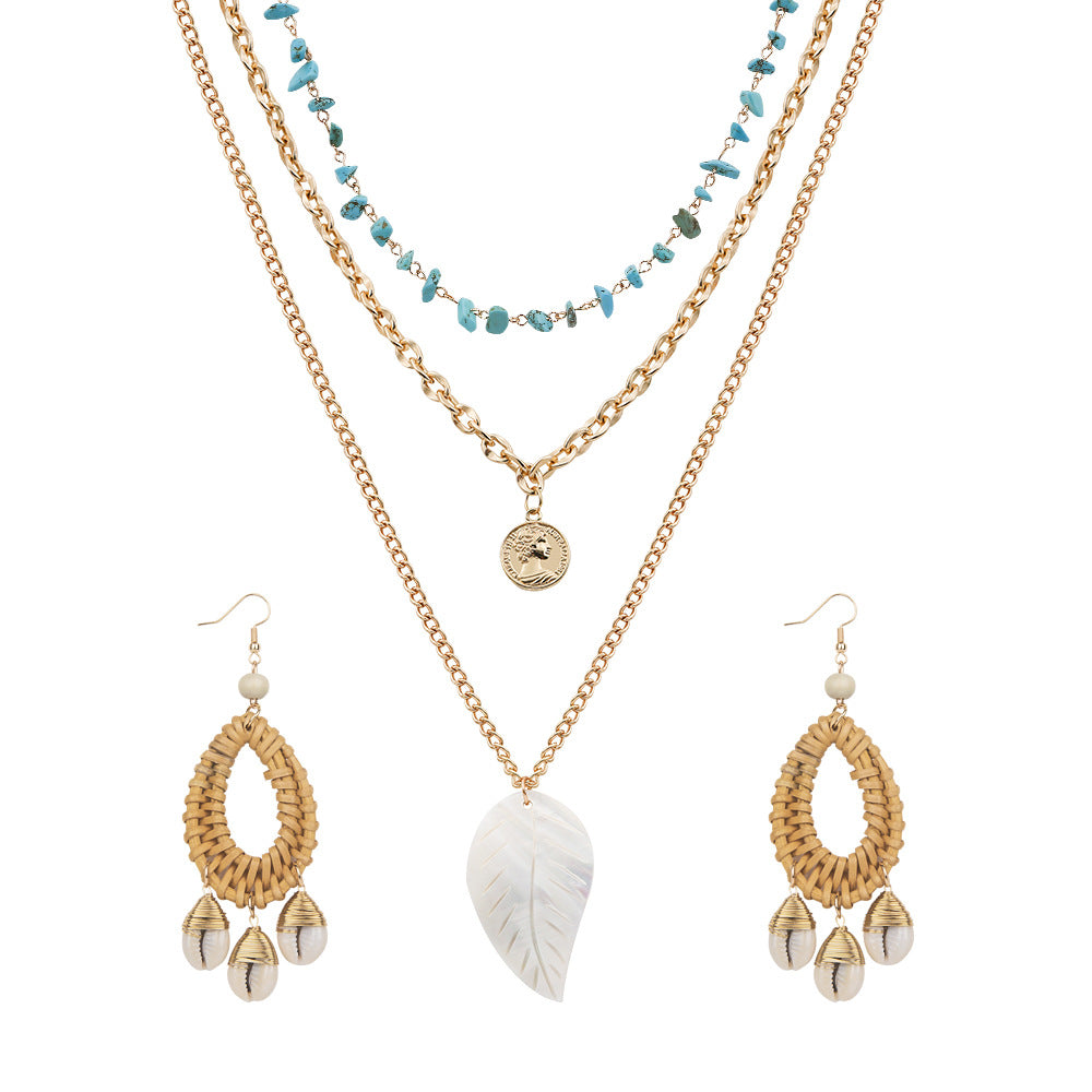 Rattan Shell Drop Earrings and Seashell Layered Necklace Set