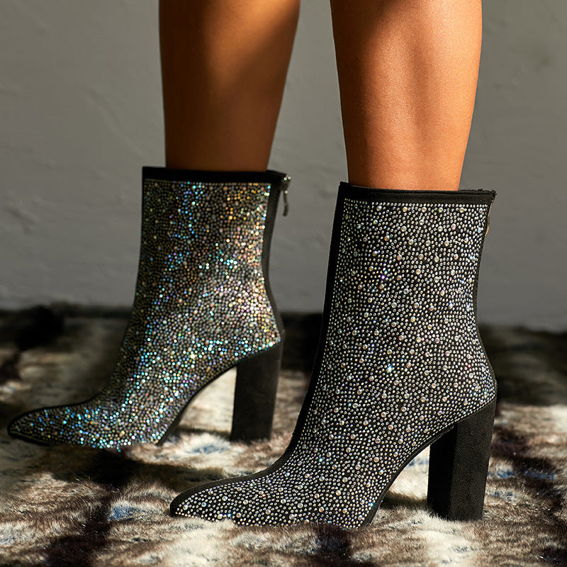 Women's Pointed Toe High Heel Rhinestone Ankle Boots