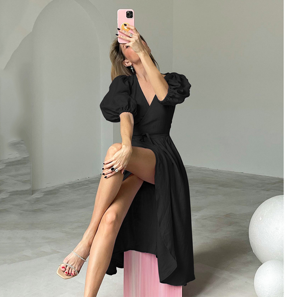 Solid Split V Neck Puff Sleeve Maxi Dress