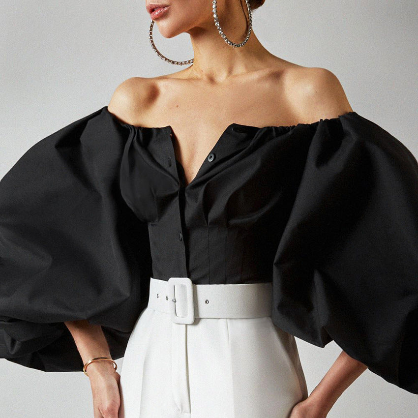 Solid Off Shoulder Button Crop Blouse