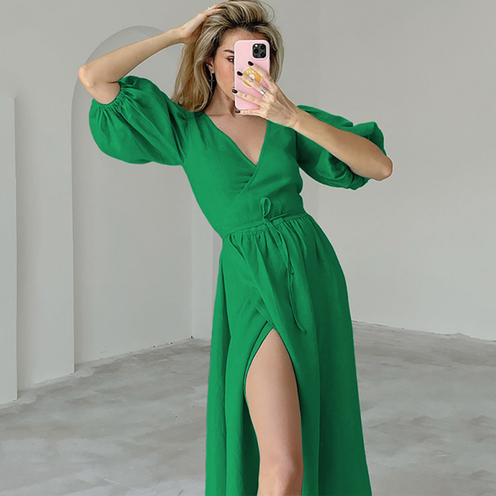 Solid Split V Neck Puff Sleeve Maxi Dress