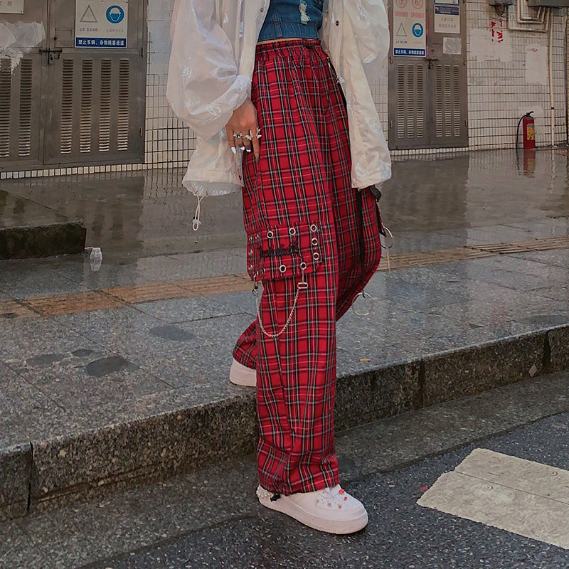 Punk Style Red Plaid Cargo Pants with Loose Fit and Slimming Metal Chain Decoration