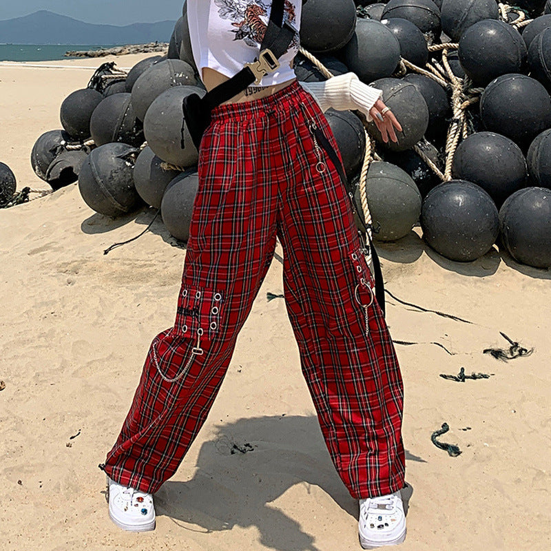 Punk Style Red Plaid Cargo Pants with Loose Fit and Slimming Metal Chain Decoration