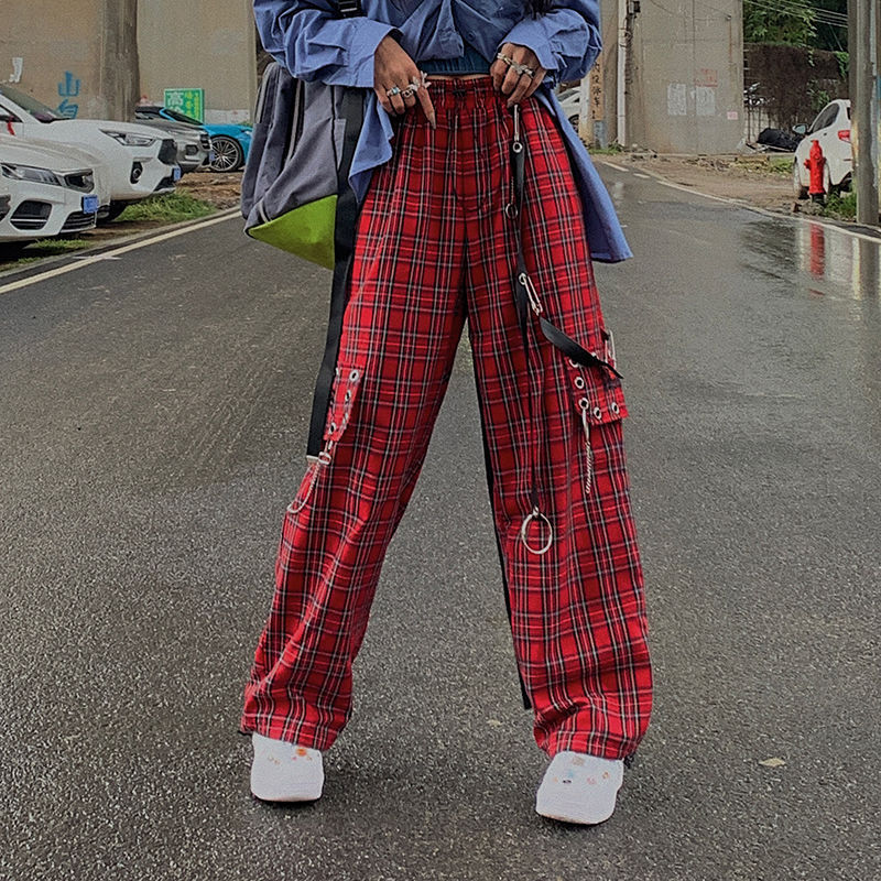 Punk Style Red Plaid Cargo Pants with Loose Fit and Slimming Metal Chain Decoration