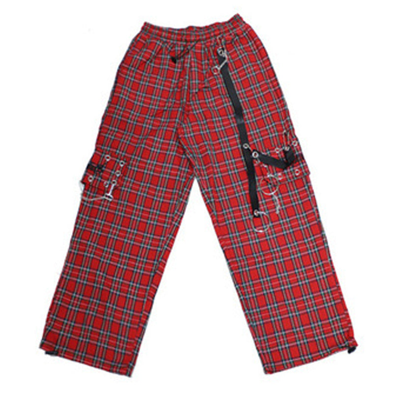 Punk Style Red Plaid Cargo Pants with Loose Fit and Slimming Metal Chain Decoration