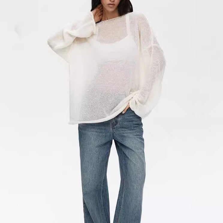 Elegant Hollow Knit Sweater - Soft and Loose-Fitting Knitted Long Sleeve Cover-up