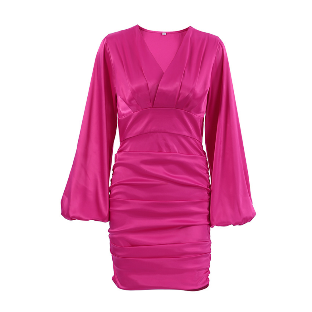 V-Neck Puff Sleeve Satin A-Line Dress