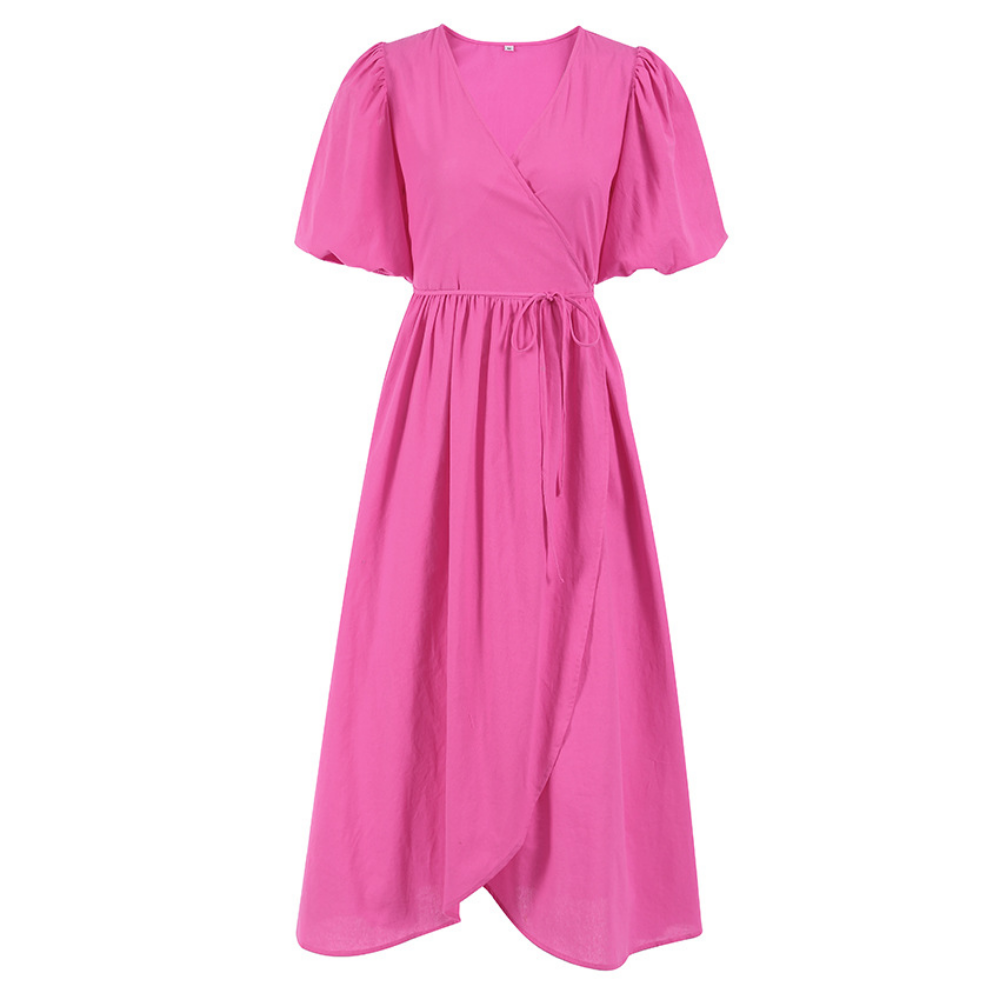 Solid Split V Neck Puff Sleeve Maxi Dress