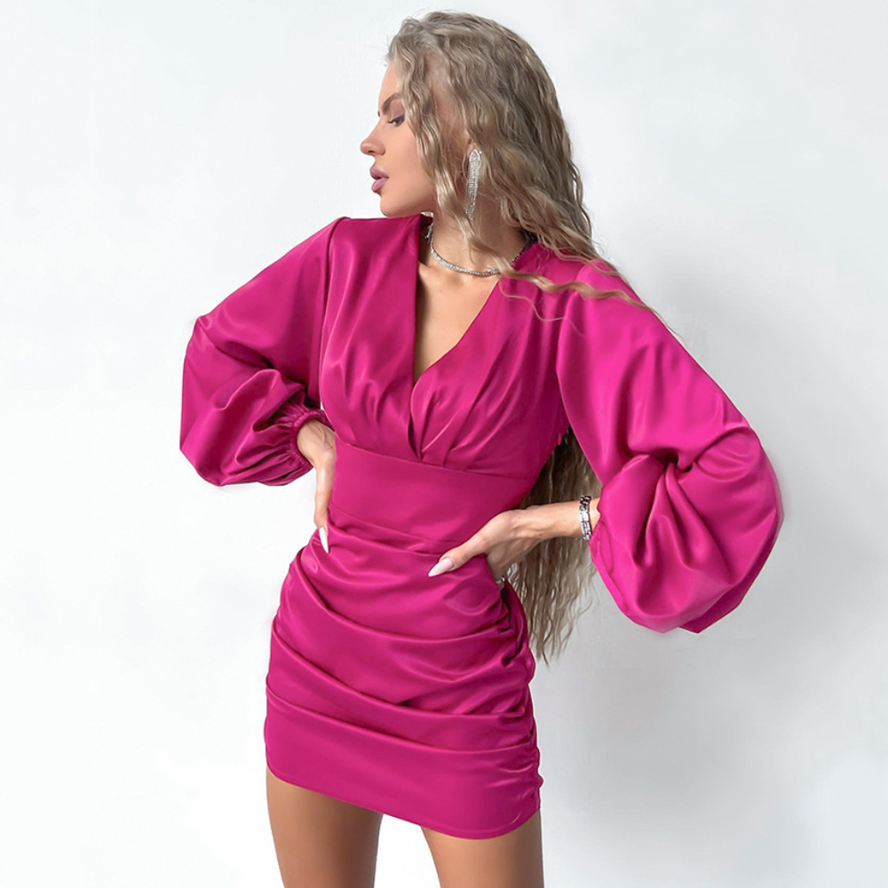 V-Neck Puff Sleeve Satin A-Line Dress