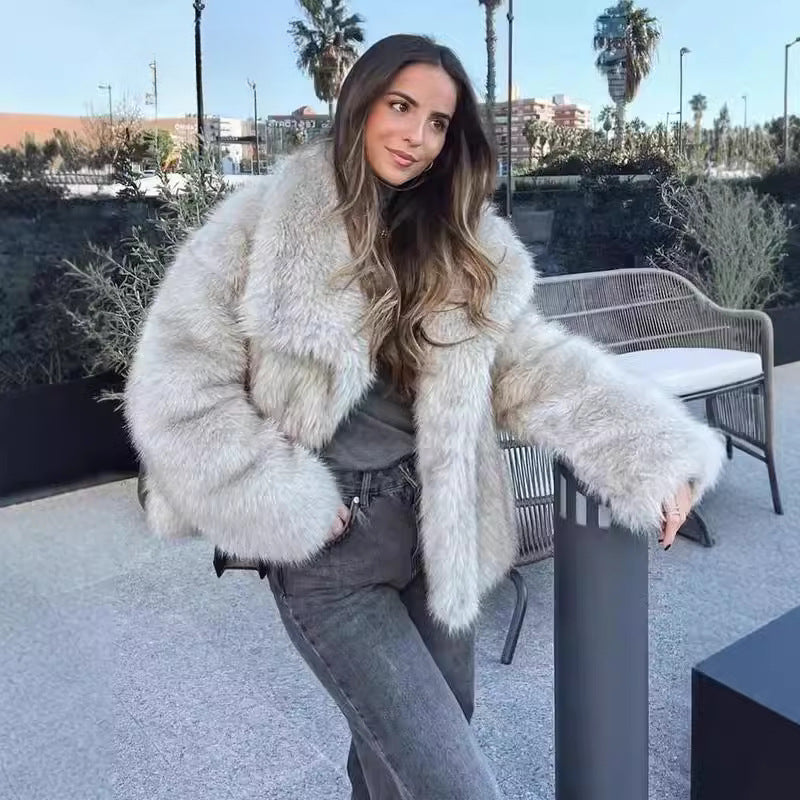 Women's Oversized Faux Fox Fur Coat with Large Lapel