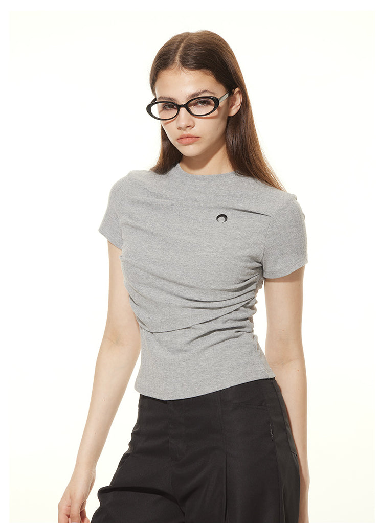 Women's Summer Pleated Solid Color Slim Fit Versatile Fashion Crew Neck Short Sleeve T-Shirt