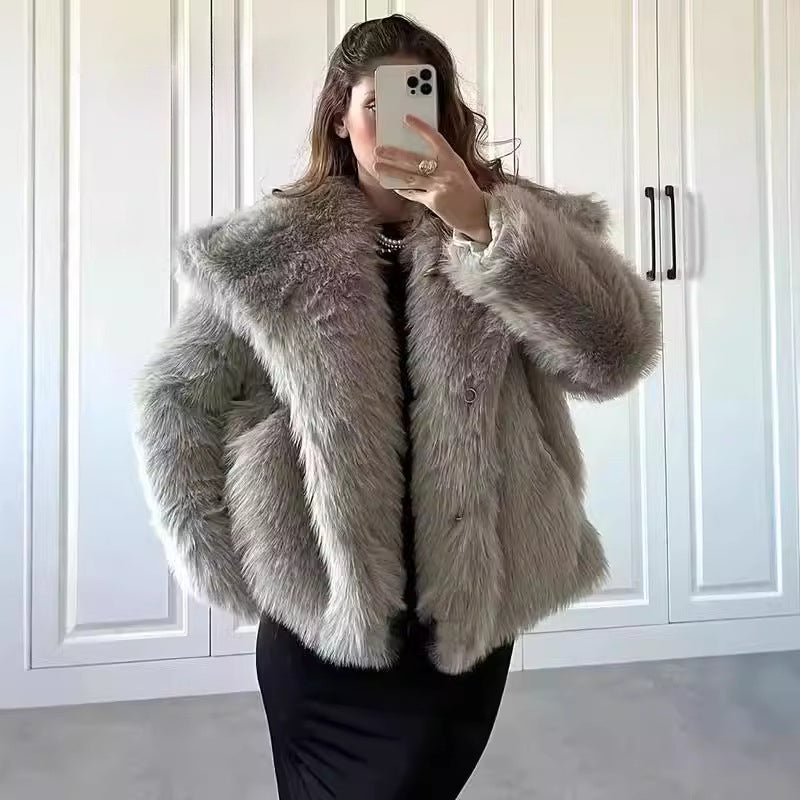 Women's Oversized Faux Fox Fur Coat with Large Lapel