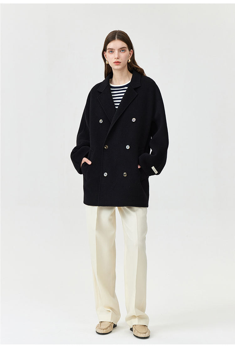 Women's loose double-breasted mid-length wool coat