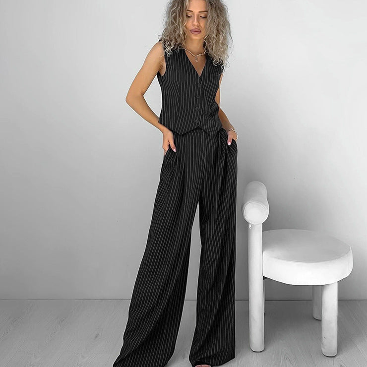 Chic and Comfortable Two-Piece Set: V-Neck Sleeveless Vest and Wide Leg Pants with Belt for Women