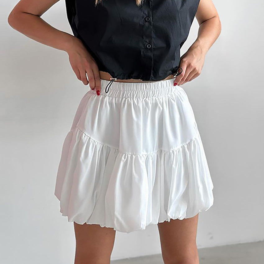 Women's Summer Chiffon Pure White French Puffy Midi Skirt