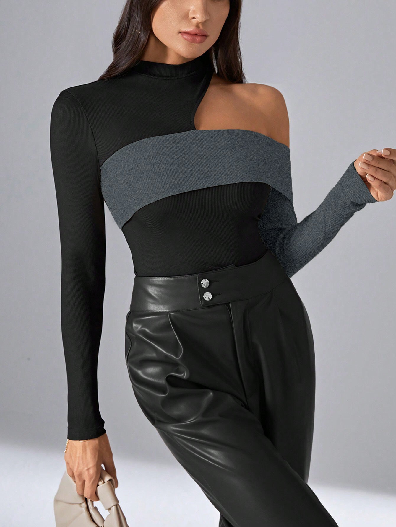 Women’s Autumn Winter New Asymmetrical Neckline Colorblock Top