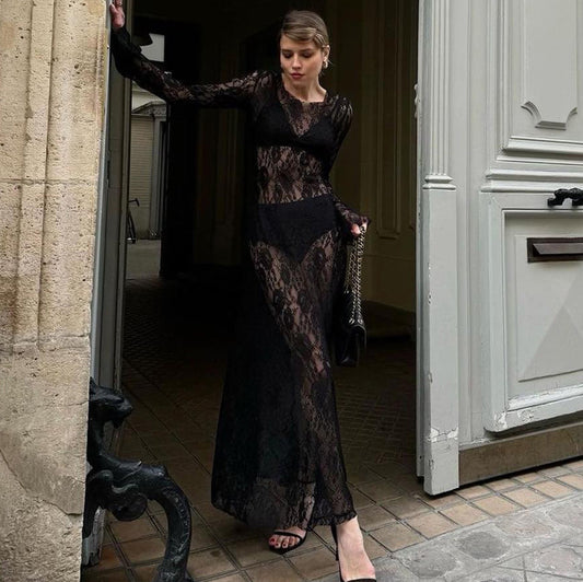 Summer Sexy Black Lace Round Neck Long Sleeve Asymmetrical Slit Dress