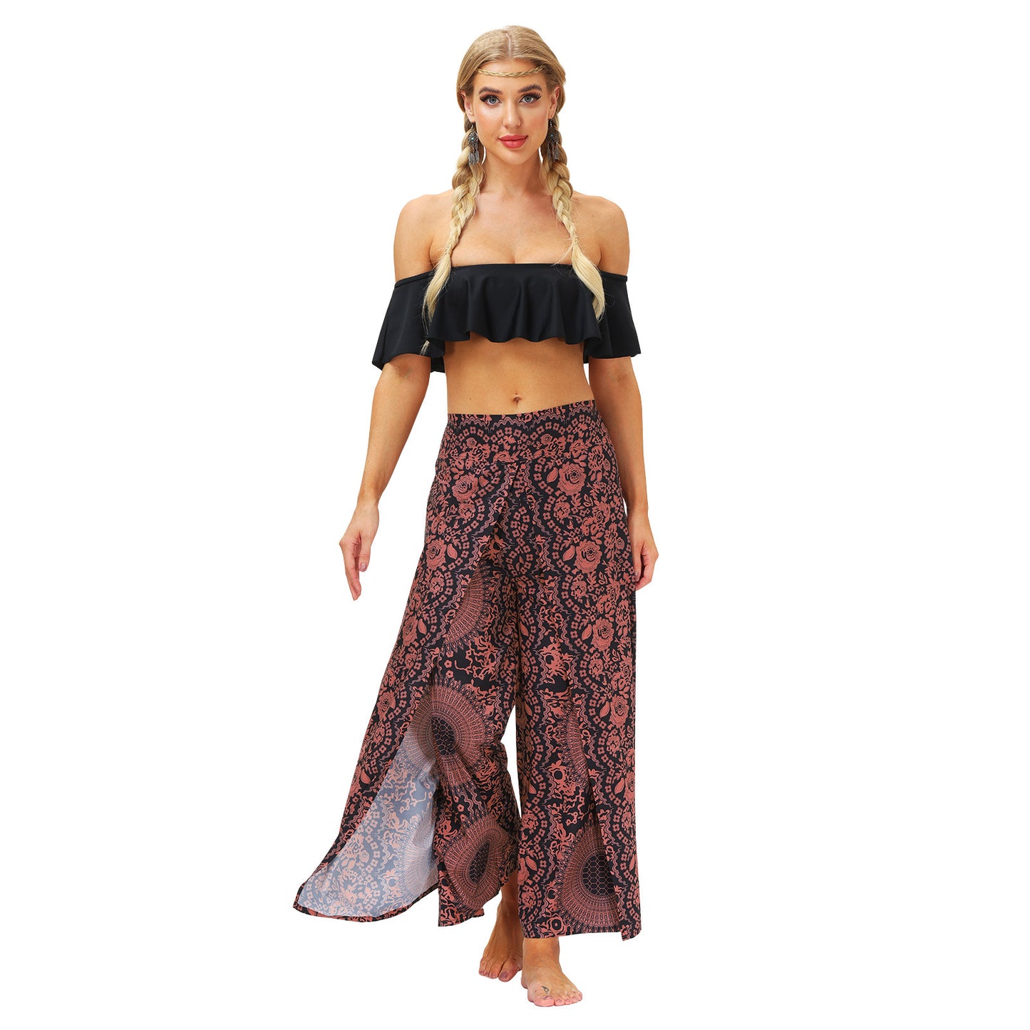 Geo Print Split Thigh Wide Leg Pants