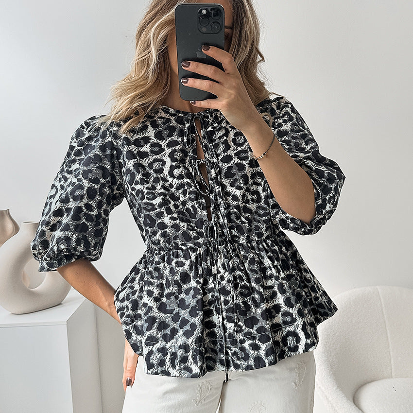 Women's Summer Leopard Print Puff Sleeve Round Neck Blouse