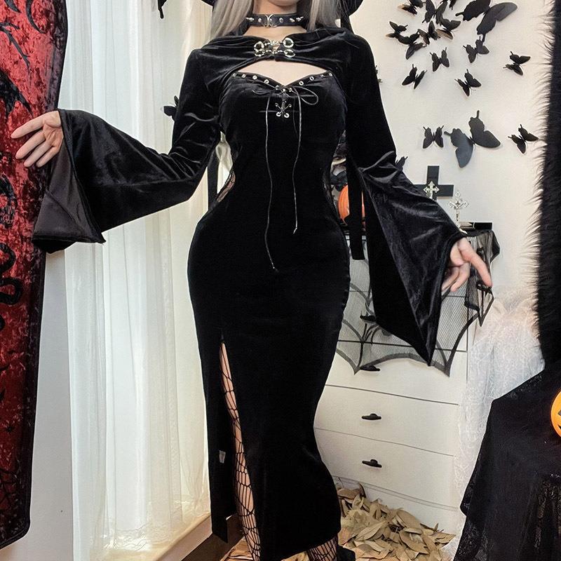 Women's Halloween Hooded Dress with Flared Sleeves and Spider Web Design