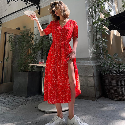 Women's Summer V-Neck Waist Slimming Split Midi Red Polka Dot Short Sleeve Dress