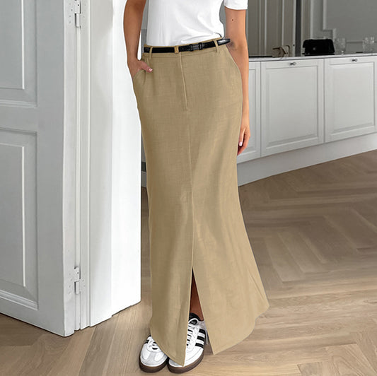 Women's Simple Commuter Style Cotton-Linen High Waist Straight Skirt