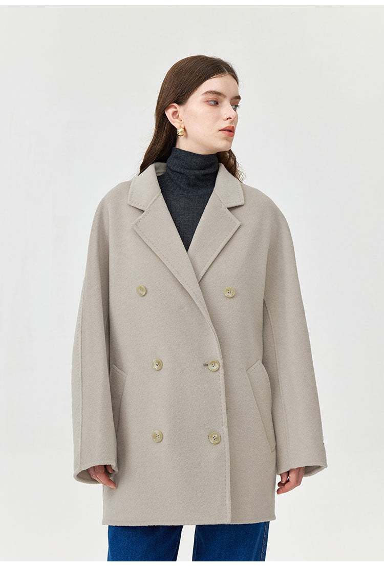 Women's loose double-breasted mid-length wool coat