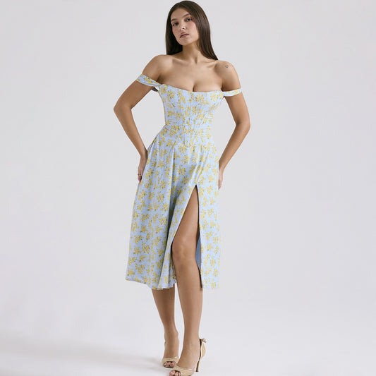 Seductive Spring: Bodycon Floral Slip Dress with Open Back and Thigh-high Slit, Perfect for Vacation or Festive Affairs