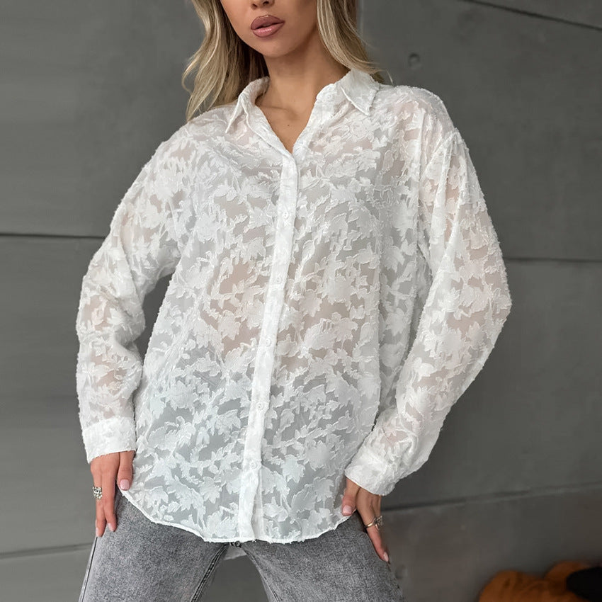 Women's White Jacquard Loose Long Sleeve Blouse