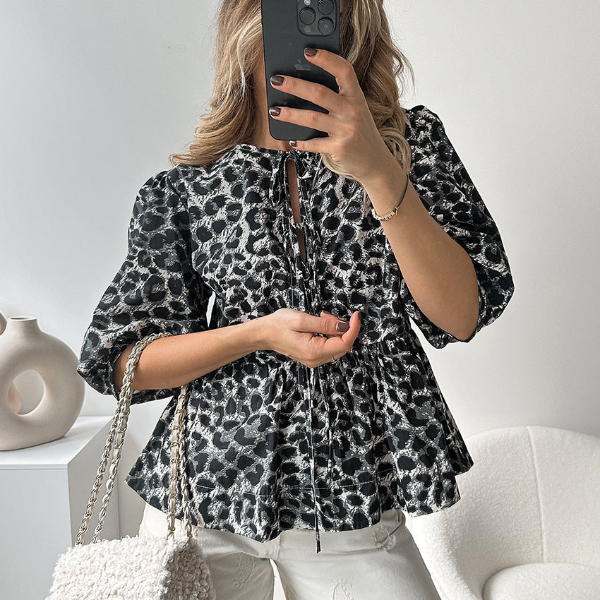 Women's Summer Leopard Print Puff Sleeve Round Neck Blouse