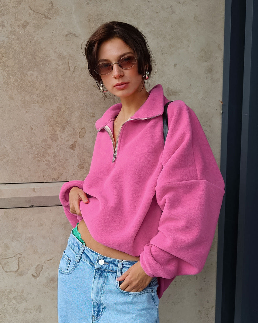 Women's Pink Fleece Sweatshirt with Turn-Down Collar