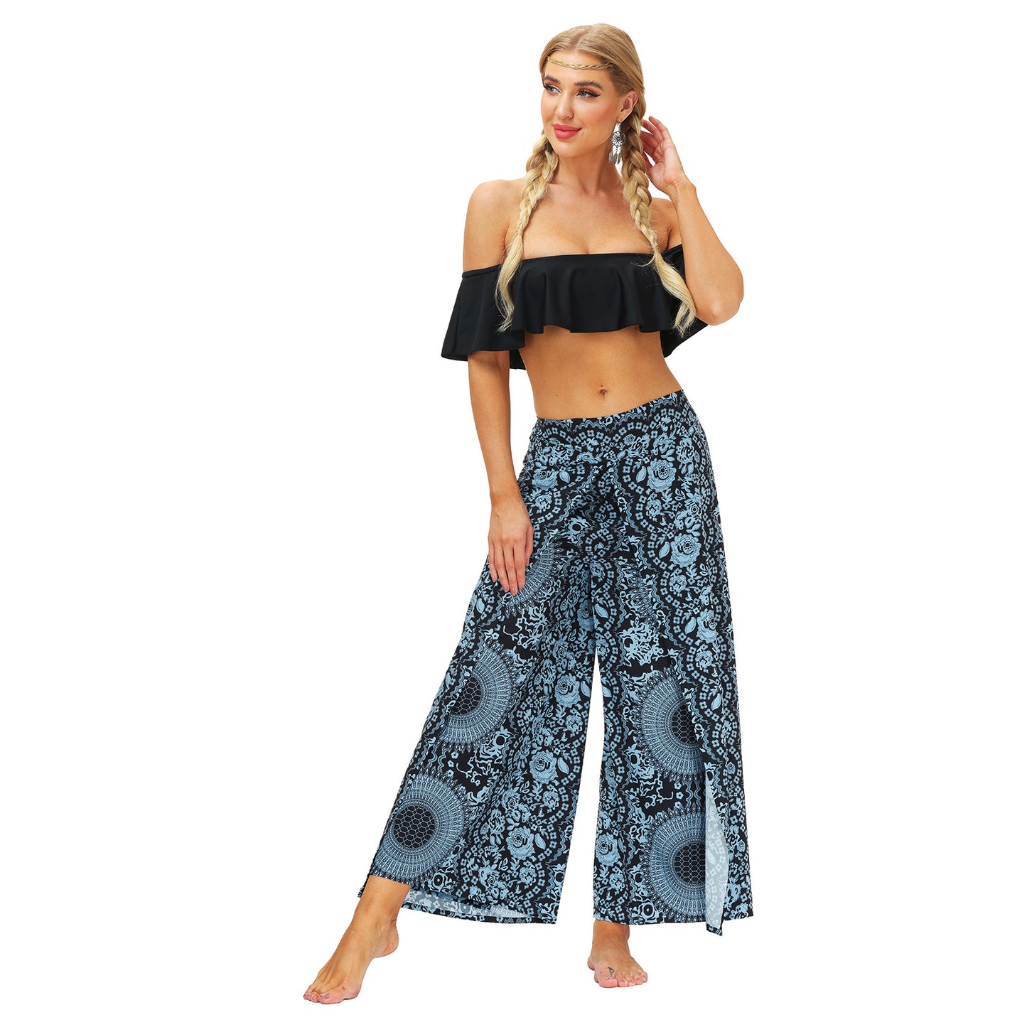 Geo Print Split Thigh Wide Leg Pants