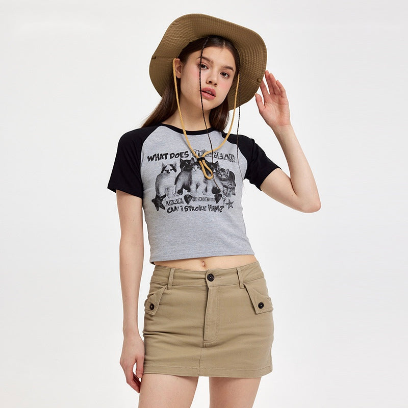 Cat Print Cropped Skinny T-shirt