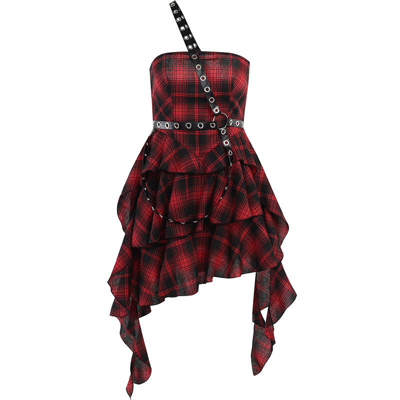 Gothic style tube top asymmetric skirt red plaid skirt