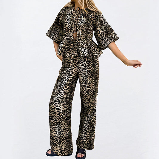 Women's Summer Sexy Leopard Print Round Neck Tie-Front Shirt and Pants Set