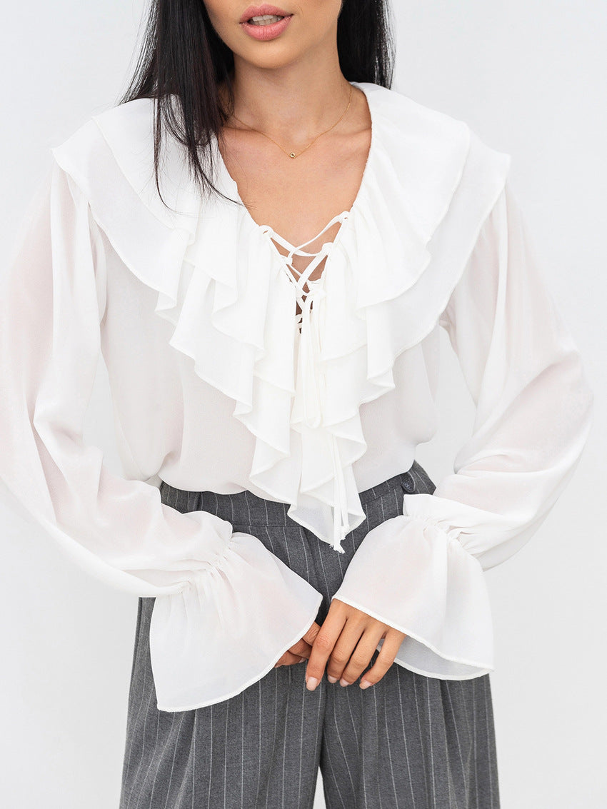 French Style White Chiffon V-Neck Tie Loose Women's Blouse