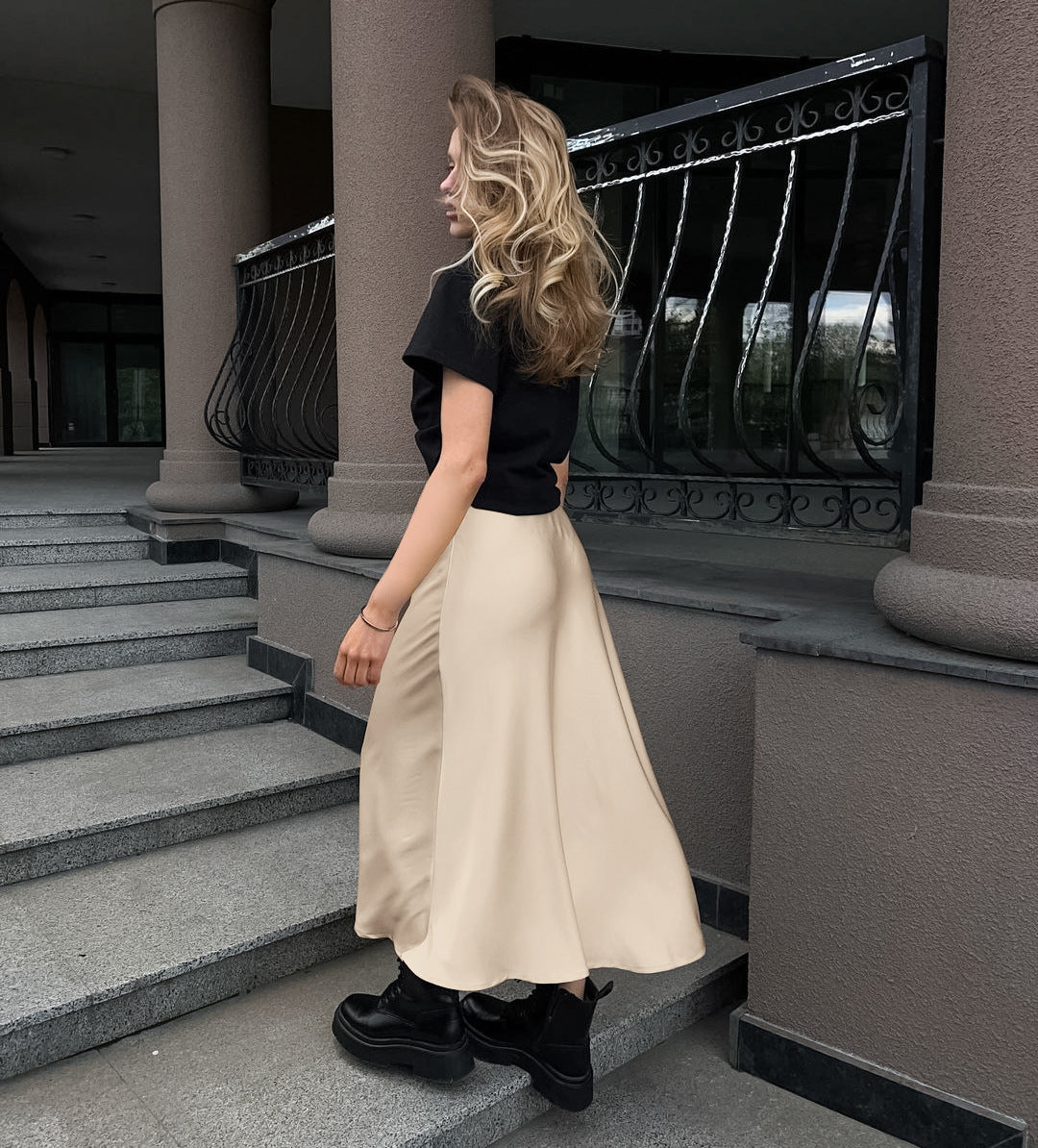 Women's Khaki Satin High-Waisted Versatile Midi Skirt