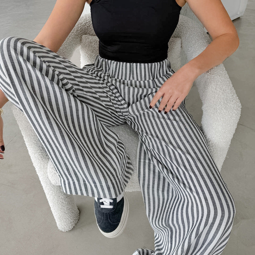 Women's Fashion Versatile Casual Striped High Waist Elastic Band Trousers