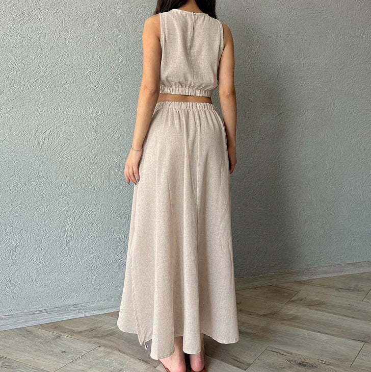 Women's Summer Casual Cotton Linen Crop Sleeveless Top and Sexy High-Slit Maxi Skirt Set