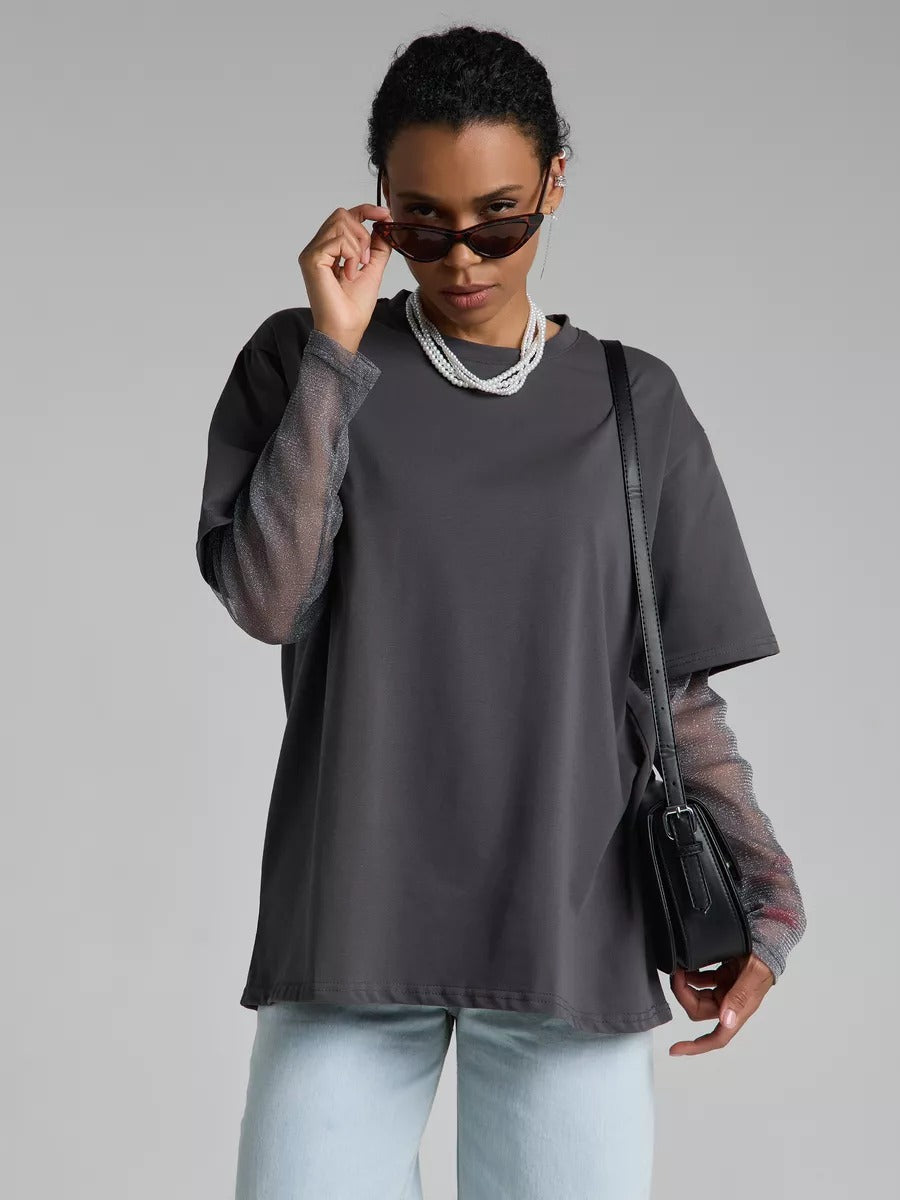 Summer Chic: Mesh Panel Long Sleeve T-shirt - Loose-Fit Sun Protection Top