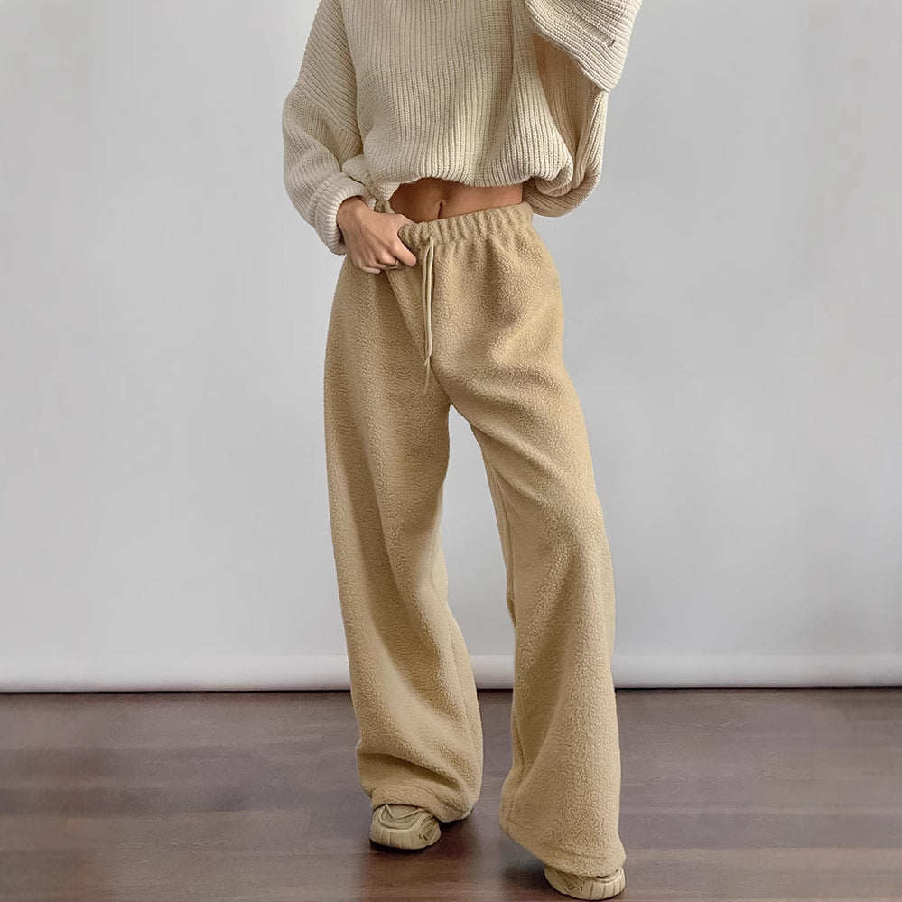 Women's Warm Thick Fleece Drawstring Mid-Waist Loose Casual Pants