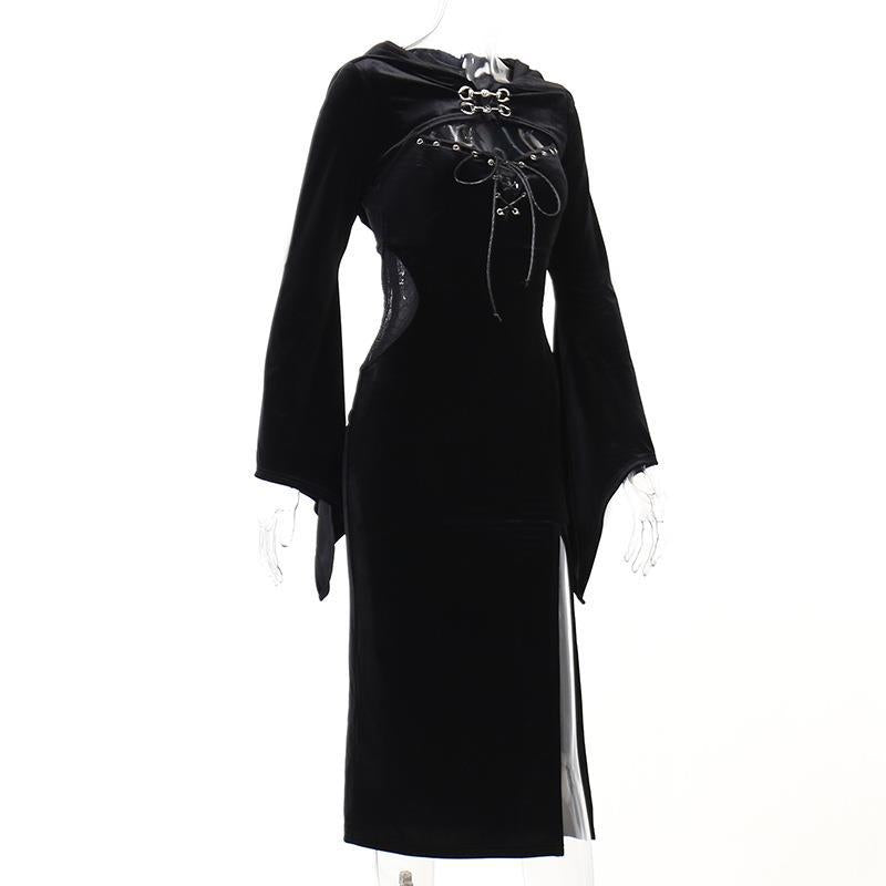 Women's Halloween Hooded Dress with Flared Sleeves and Spider Web Design