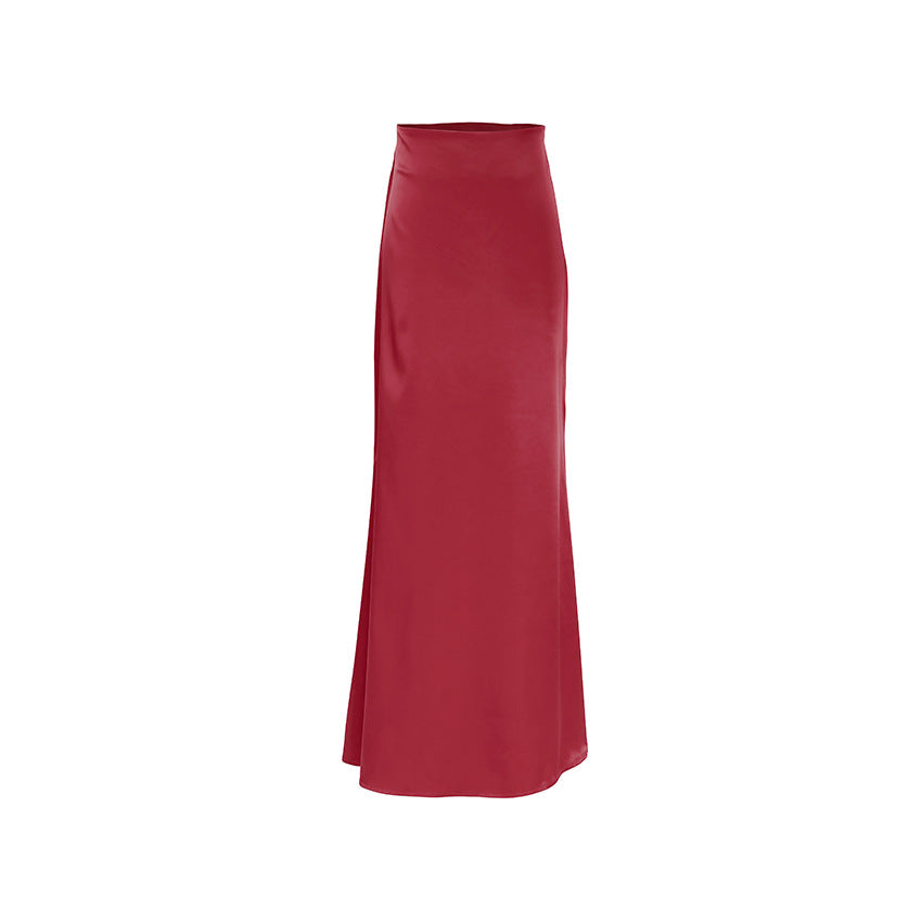 Elegant Red Satin High-Waisted Floor-Length Skirt - Sexy and Alluring