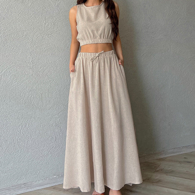 Women's Summer Casual Cotton Linen Crop Sleeveless Top and Sexy High-Slit Maxi Skirt Set