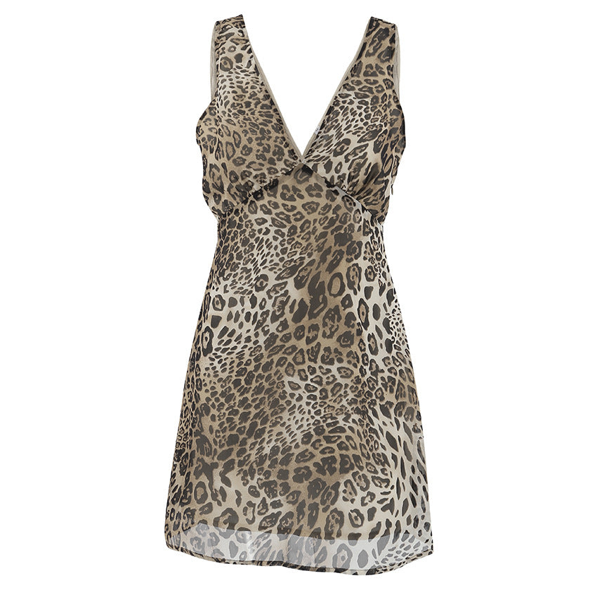 Women's Sexy Sleeveless Deep V-Neck Chiffon Leopard Print Dress