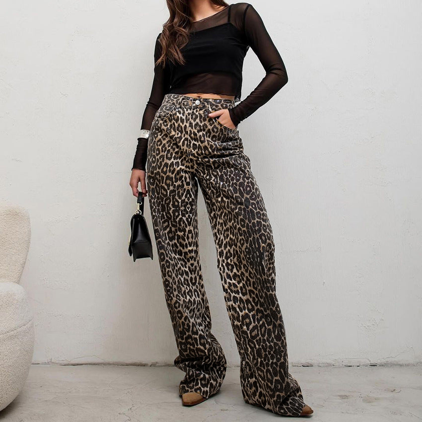 Trendy and Bold Streetwear Style High Waist Leopard Print Straight Pants