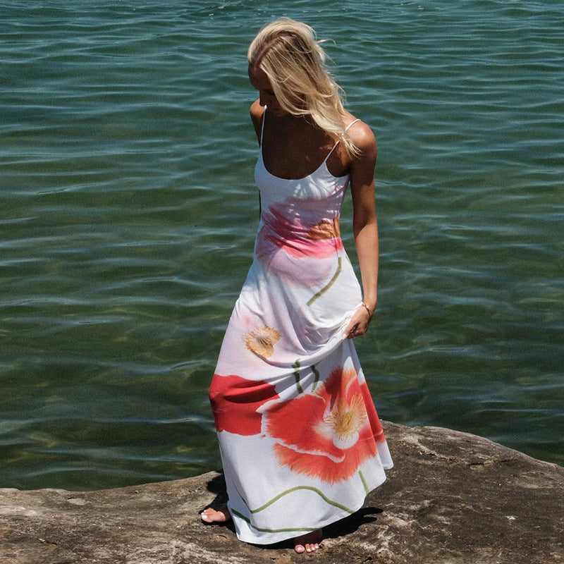 Floral Print Strappy Backless Maxi Dress